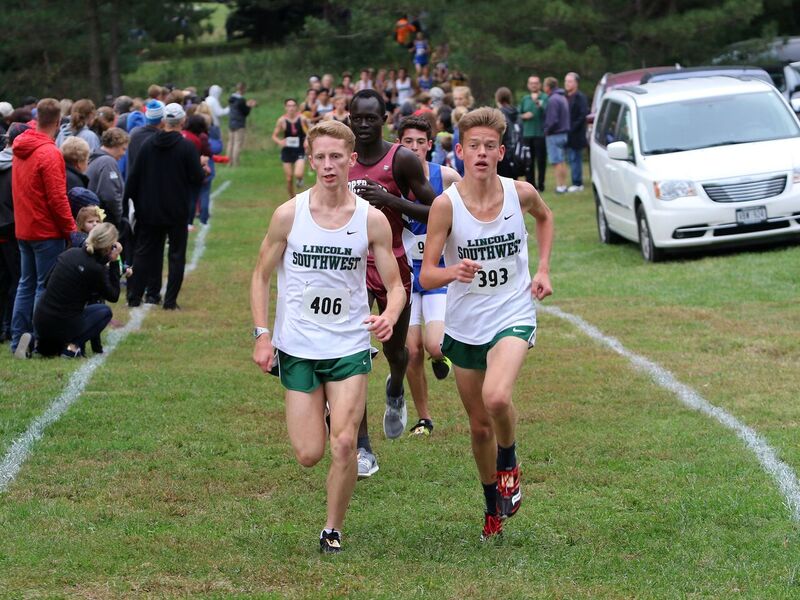 LSW seniors Trevor Acton and Tyler Boyle leading the City Championship race last year through the Pioneers Parks middle loop. Fridays JV and Varsity races will take place at Pioneers Park at 5:20.