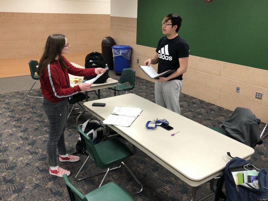 Anna Synya and Dawson Nguyen debate their new topic for the next tournament. The team won sweepstakes at Lincoln High on Feb. 1. 