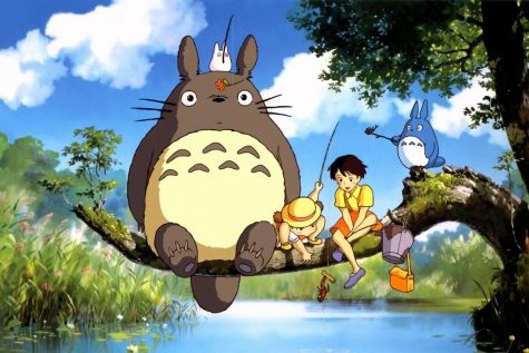 Totoro, Mei and Satsuki sit on a branch and fish for crawdads. This art was created for My Neighbor Totoro.