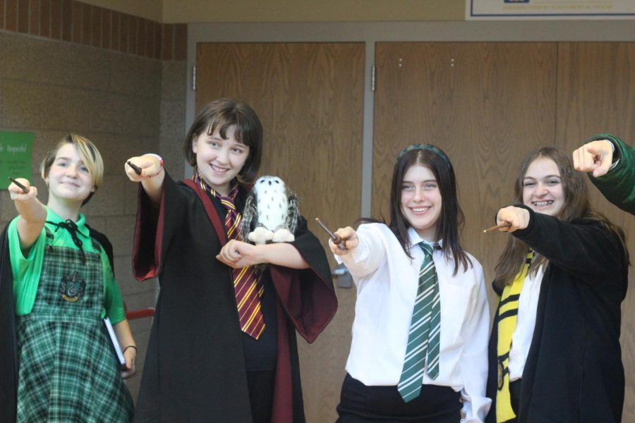 Students dress up as Harry Potter Characters for TOTS-Eat. Students collected canned food as a drama club service project.