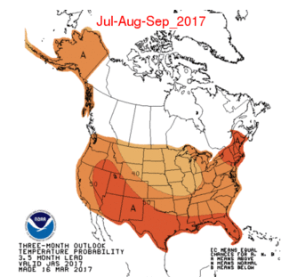 This climate change map shows the predicted increase in temperatures in July through September of this year.