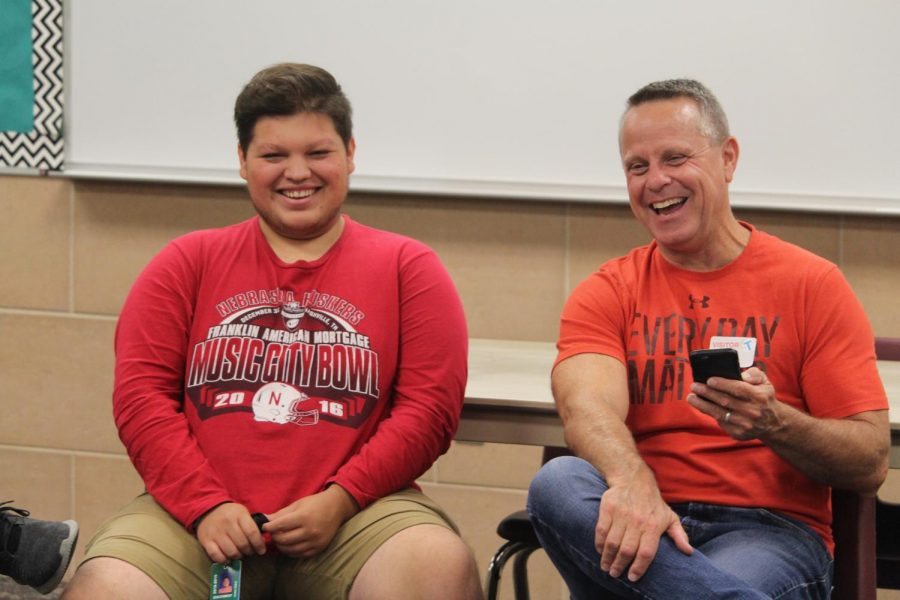 Southwest Senior Ivan Diaz and Mr. Bruce Riddle laugh during discussion time at Kaleidoscope club.
