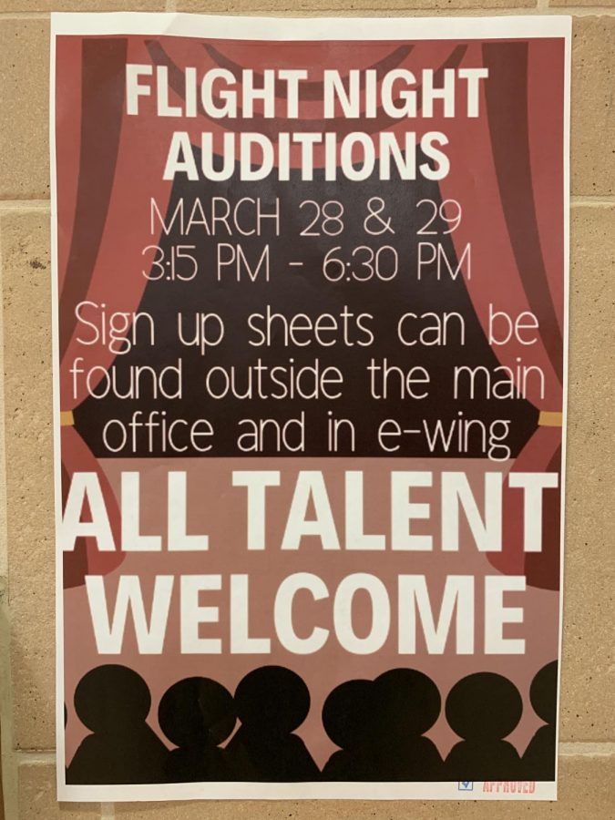 Flight Night auditions are held on March 28 and 29 at 3:15 p.m. to 6:30 p.m. in the auditorium. Students are encouraged to contribute their talents to the annual Flight Night auditions!