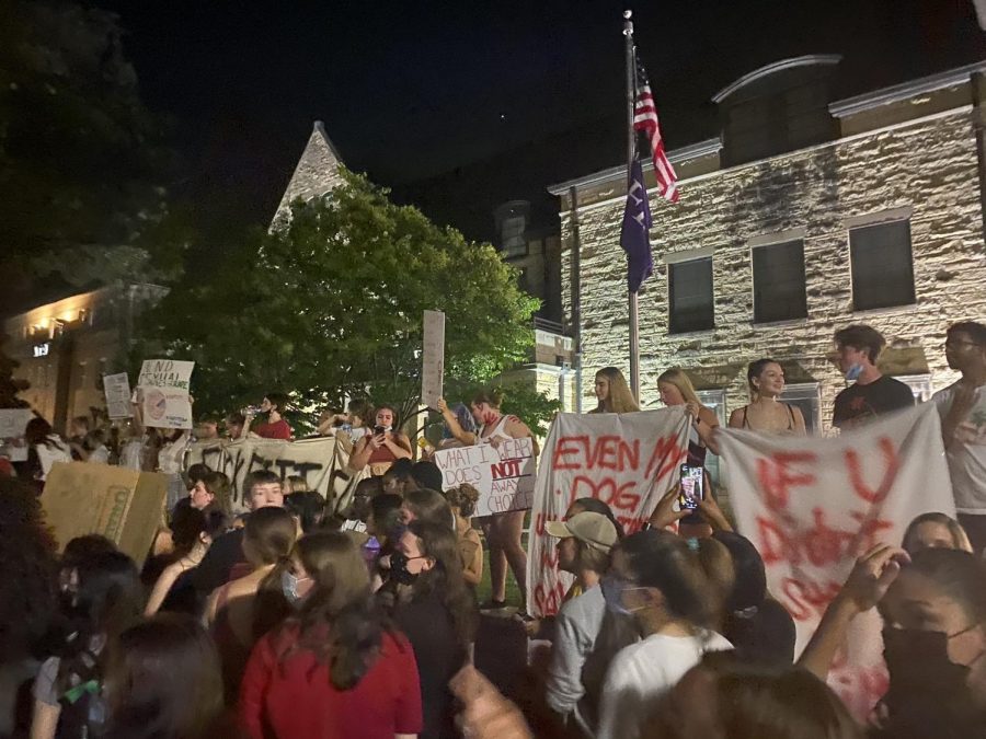 Students protest in front of the Nebraska Union. Some participants held banners as others gave speeches.