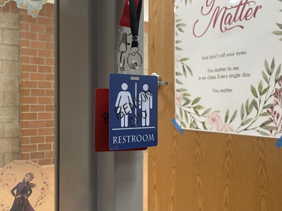 Restroom and hall pass in room C110 for student use. This year each classroom will have a restroom and hall pass for students to use.