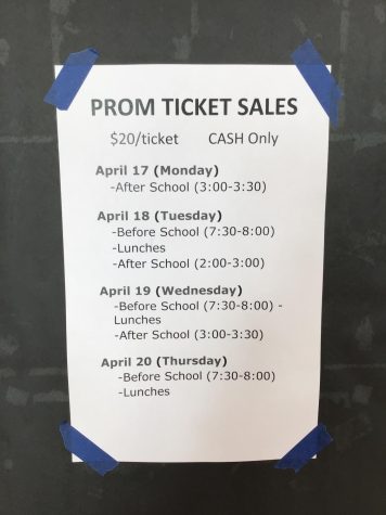Student council put up signs in the commons area, advertising the dates and price they will be selling prom tickets. The final opportunity to purchase tickets is during lunch on Thursday and the cost is $20.00.  