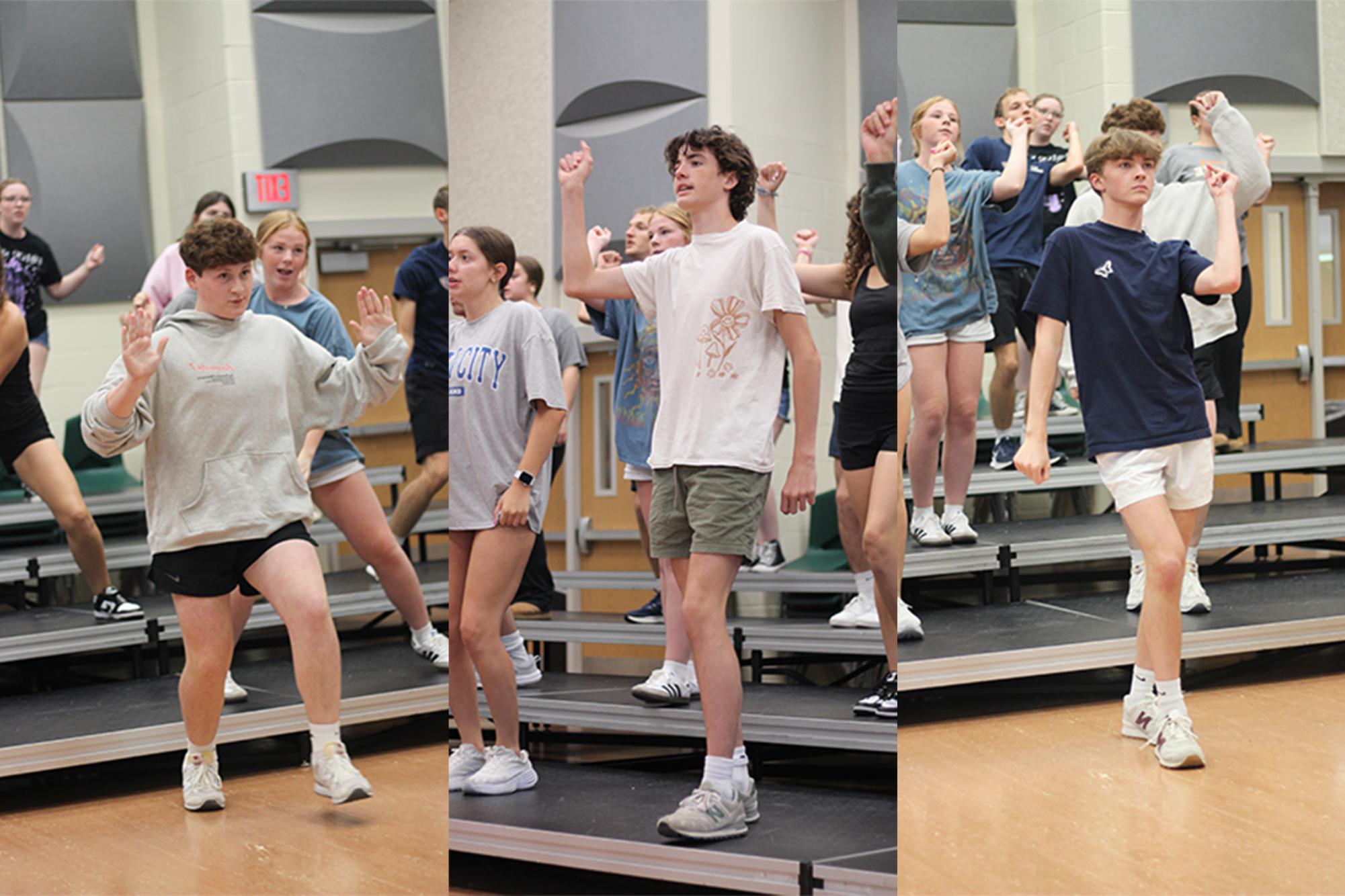 (From left to right) Junior Grant Johnson and seniors Jack McCormick and Tyler Stover practice choreography for Resonance.  Resonance is the varsity show choir at Southwest.