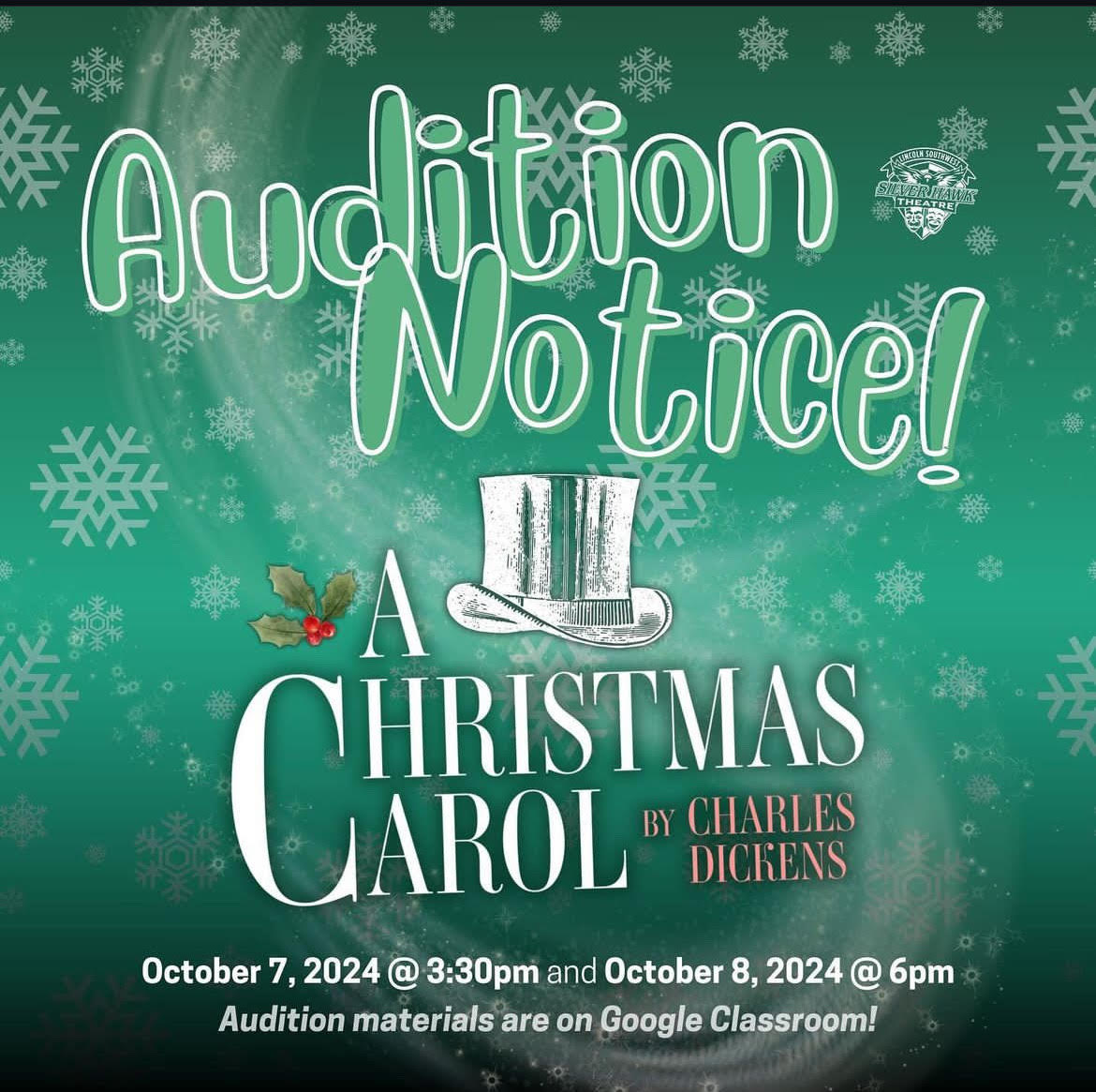 The audtion notice flyer posted on silverhawk theatres instagram. The auditions are on Oct. 7 and Oct. 8.