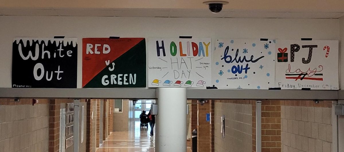 Posters hung up in the hall with the themes for Winter Week. There were different themes for each day the week of Dec. 2 - Dec. 6. 