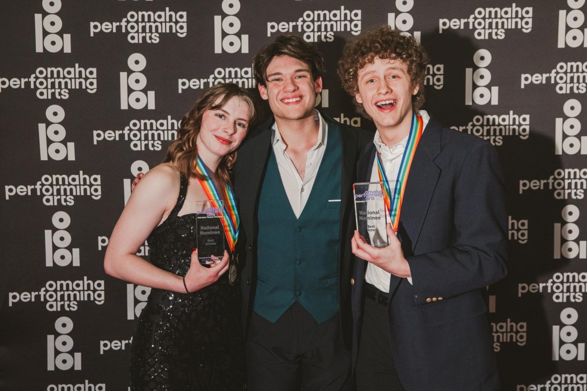 Joshua Carl (center) with 2025 Jimmy Awards nominees Natalie Kersten (left) and Myles Hardt (right). Carl was honored as the Outstanding Student Reporter by the Nebraska Theater Academy in May 2025.