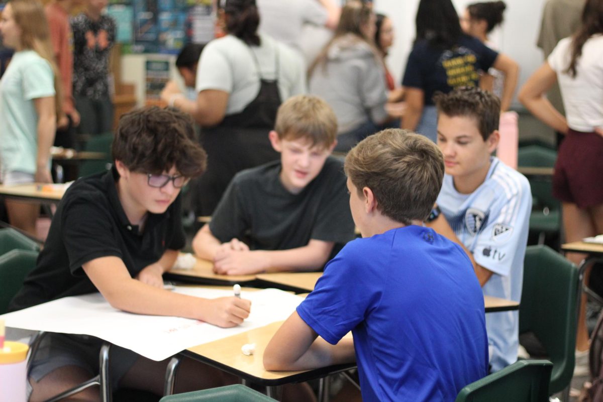 A group of FBLA students working on a business poster. If you would like to join FBLA, visit B200 for more info.
