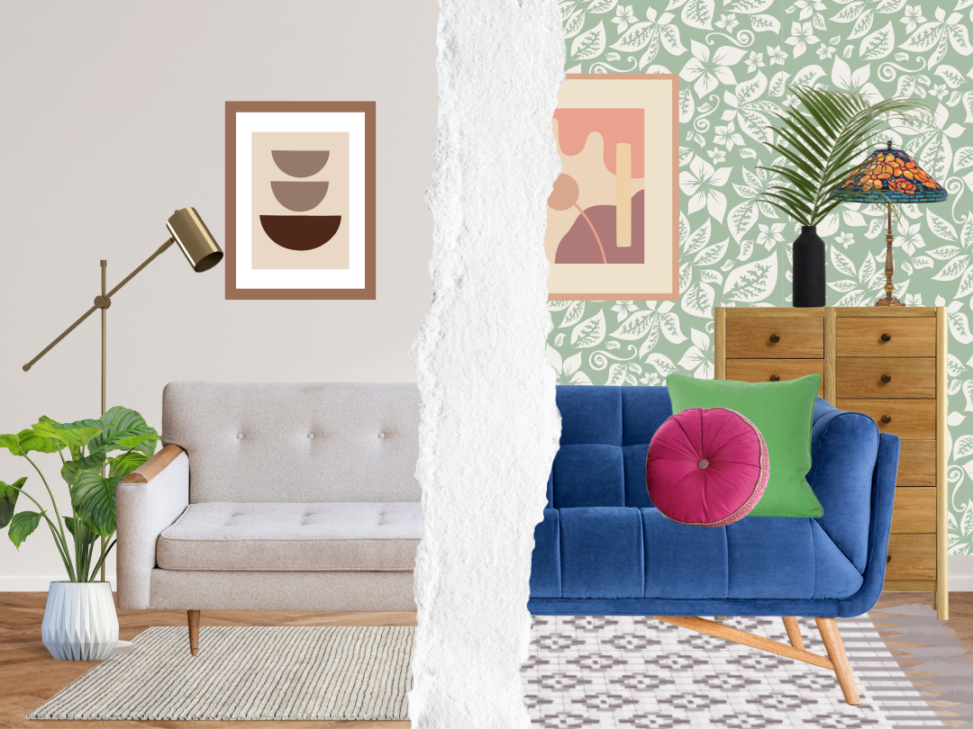 The scene on the left depicts a minimalist room style, while the right portrays a maximalist style. 