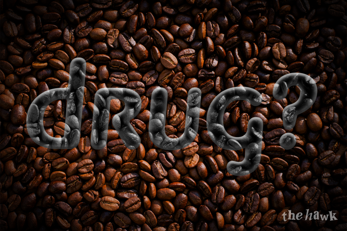 Illustration of text appearing on top of coffee beans spelling out "drug?" Caffeine is a popular stimulant used in energy drinks and coffee, and has many benefits and drawbacks for consumers. Design by Joshua Carl.